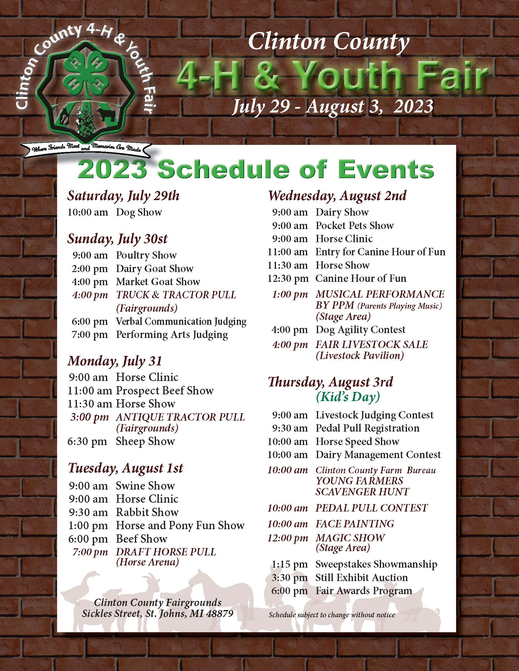 2023 Clinton County 4-H & Youth Fair Schedule of Events